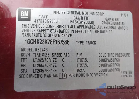 2008 Chevrolet Silverado 2500Hd Ltz from USA, damaged, VIN 1GCHK23K78F167566